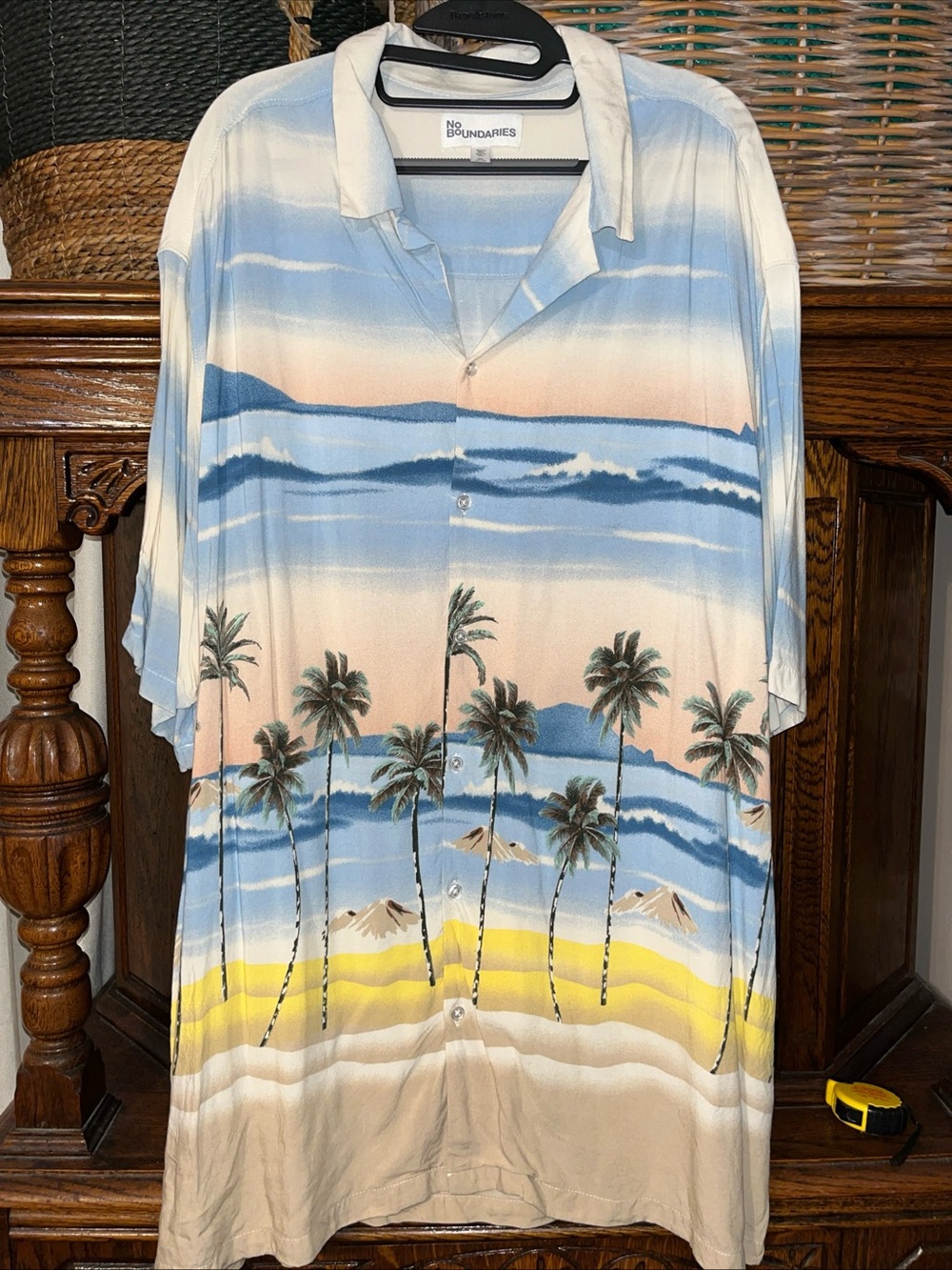 No Boundaries Blue, Beige & Yellow Tropical Palm Button-Down Shirt